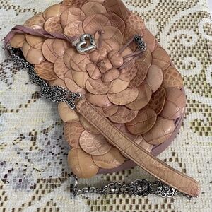 Brighton, pink leather, rose, appliqué bag